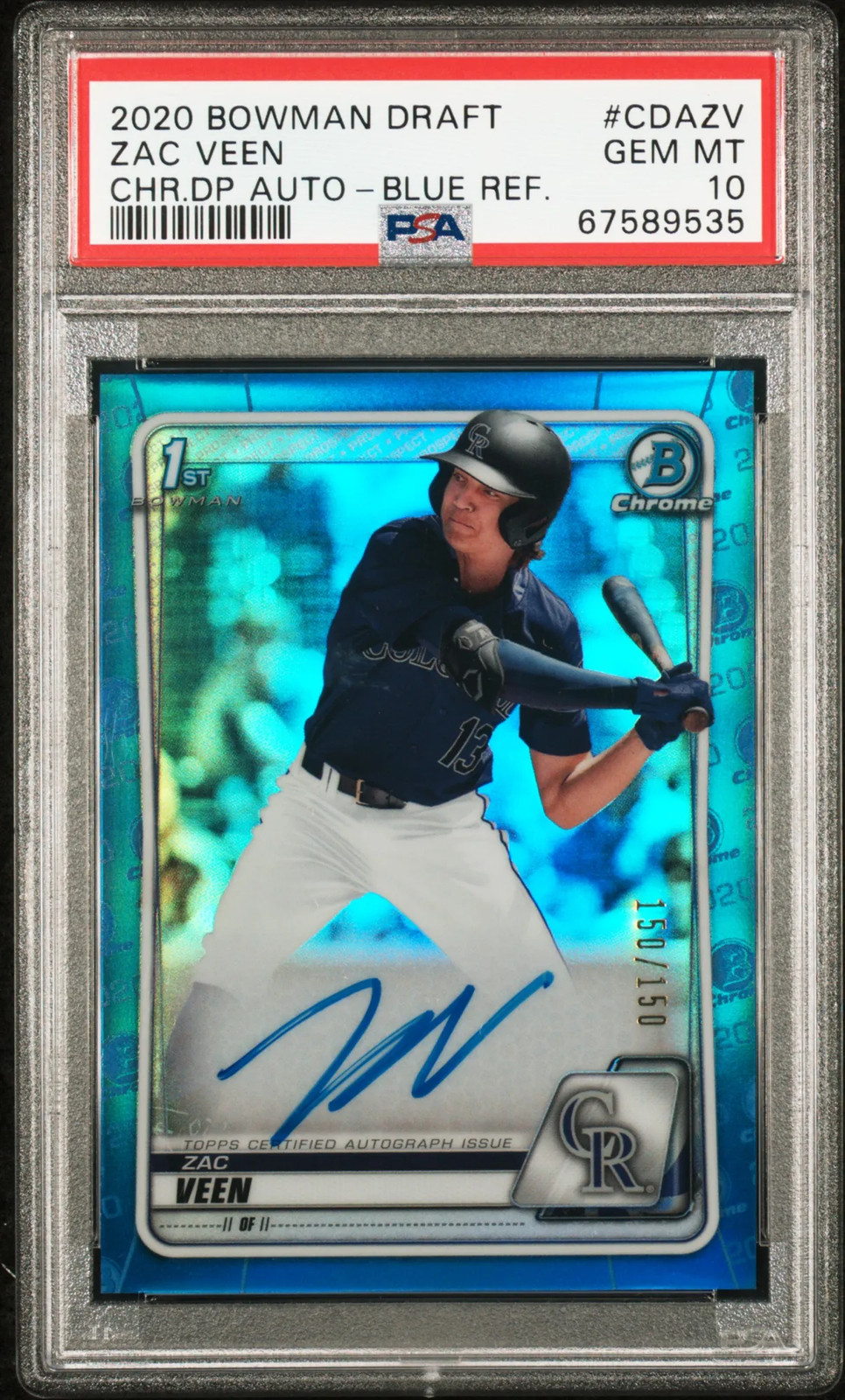 2020 Bowman Auto Blue Refractor /150 Zac Veen PSA 10
