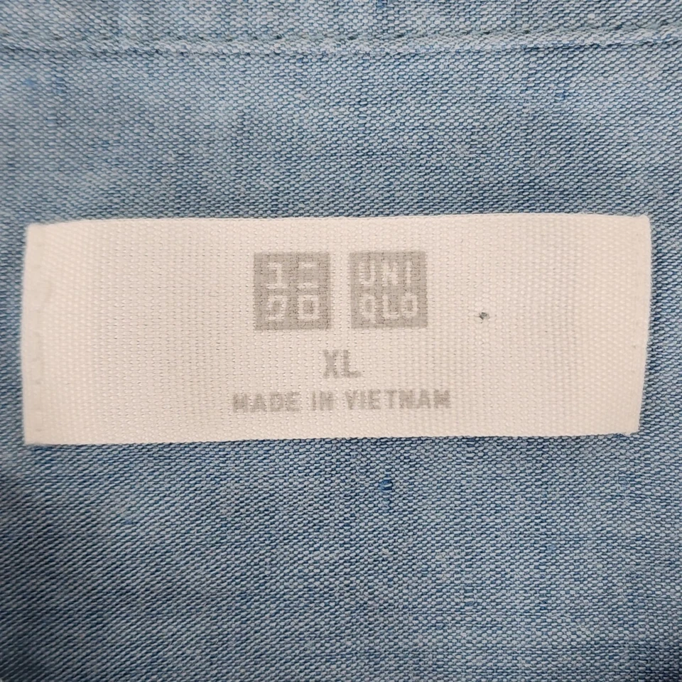 UNIQLO Mens Blue Linen Blend Button-Up Short Sleeve Shirt Mandarin Collar Preppy - Image 4 of 4