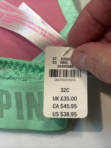 NEW NWT Victorias Secret Bra 32C Neon Green PINK Lace Underwire Balconette FRB4 - Picture 8 of 8