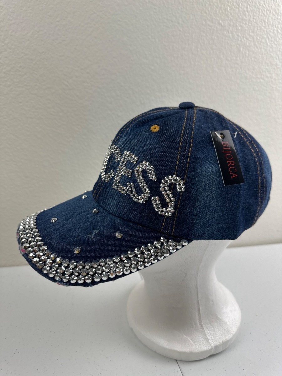 Blue Denim \'Princess\' Cap with Rhinestones Queen Rhinestone Brim Cap – Sophia Collection main image 4