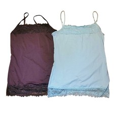 Vtg Y2K Lace Trim Satin Camisole Set Of 2 In Brown  Baby Blue High Square Neck