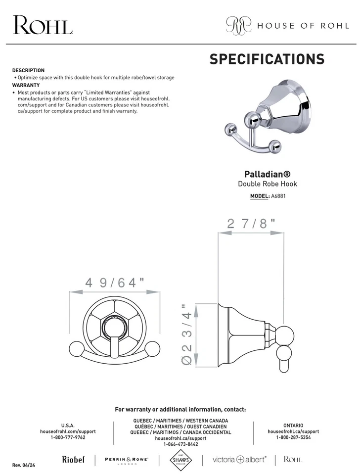 Gancho de bata doble de montaje en pared Rohl Palladian cromado pulido A6881APC Foto 2 de 2