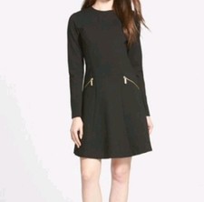 Michael Kors Black A-Line Long Sleeve Dress with Gold Zipper Pockets SIZE 10