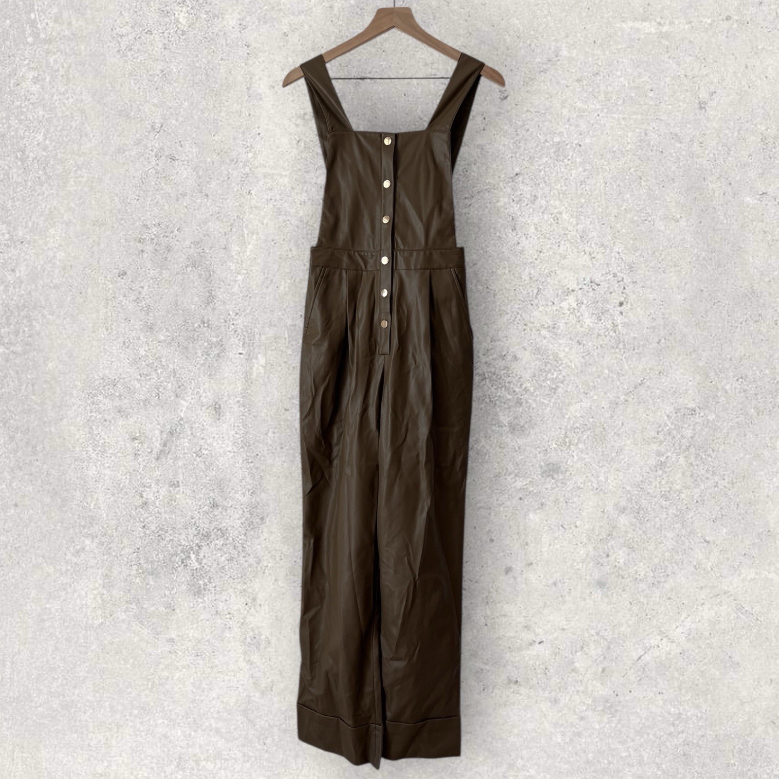 Zara Faux Leather Khaki Olive Overall Jumpsuit Button Front Size XS image 2