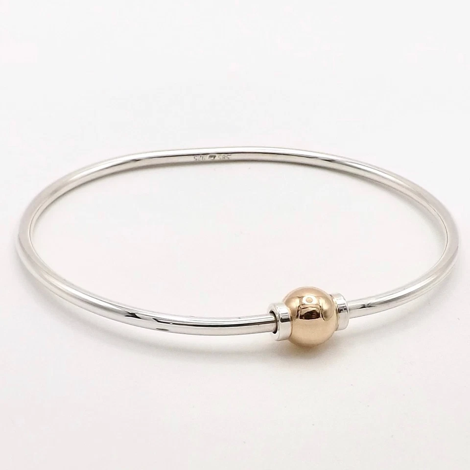 Sterling Silver 14K Gold Cape Cod Ball Bead Bangle Bracelet New 7in - Image 2 of 4