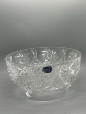 Böhmen Tschechien Fuß Handschliff Bleikristall Glas Schale Original Aufkleber