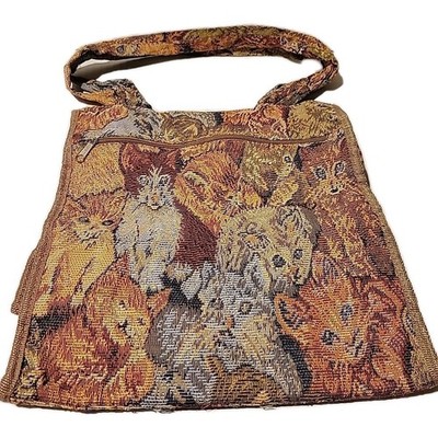 Tapestry Tote Cat Purse Bag Kitty Feline top zips Mesh side pockets+  Coin Purse