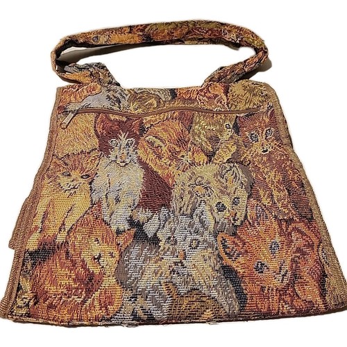 Tapestry Tote Cat Purse Bag Kitty Feline top zips Mesh side pockets+  Coin Purse