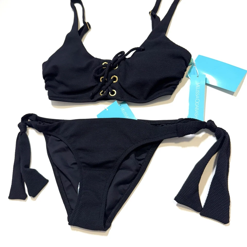 Bikini Melissa Odabash Roma negro piqué 2 piezas traje de baño de playa con cordones top nuevo con etiquetas 4 Foto 3 de 4