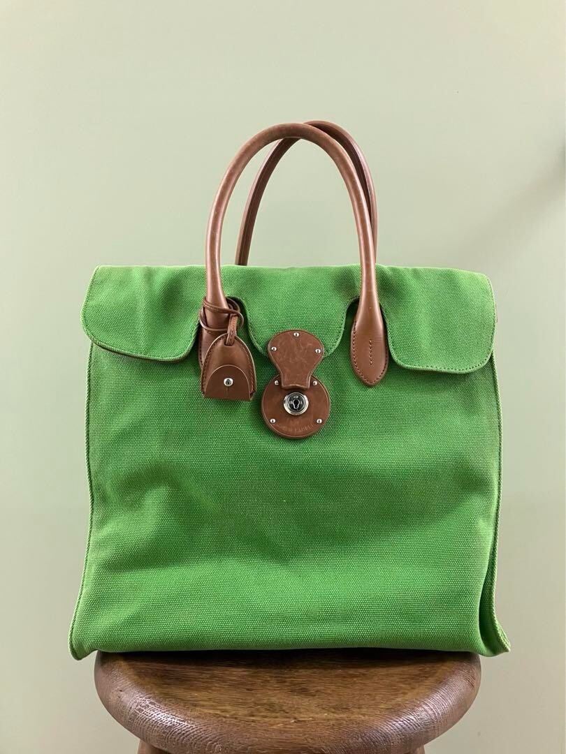RALPH LAUREN Canvas Ricky Tote Bag Light green Authentic Women 