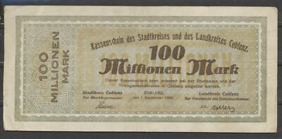 COBLENZ Koblenz 100 Millionen Mark 1.Sept.1923 Wz : Furchen Notgeld ( 3 G - Bild 1 von 2