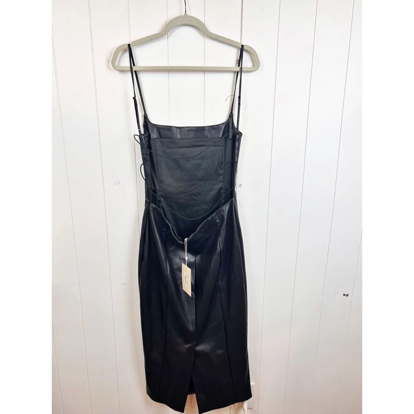 Abito Meshki Donna L Celine Ecopelle Scollo Quadrato Midi Nero Cinturino Schienale Nuovo con etichette