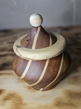 Vintage Round Wood Hand Turned Olive Trinket Box Bowl With Lid Signed.