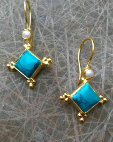 Drop Gold Prom Jewelry Lady 18K  Turquoise Anniversary  Dangle Filled  Earrings - Afbeelding 1 van 10