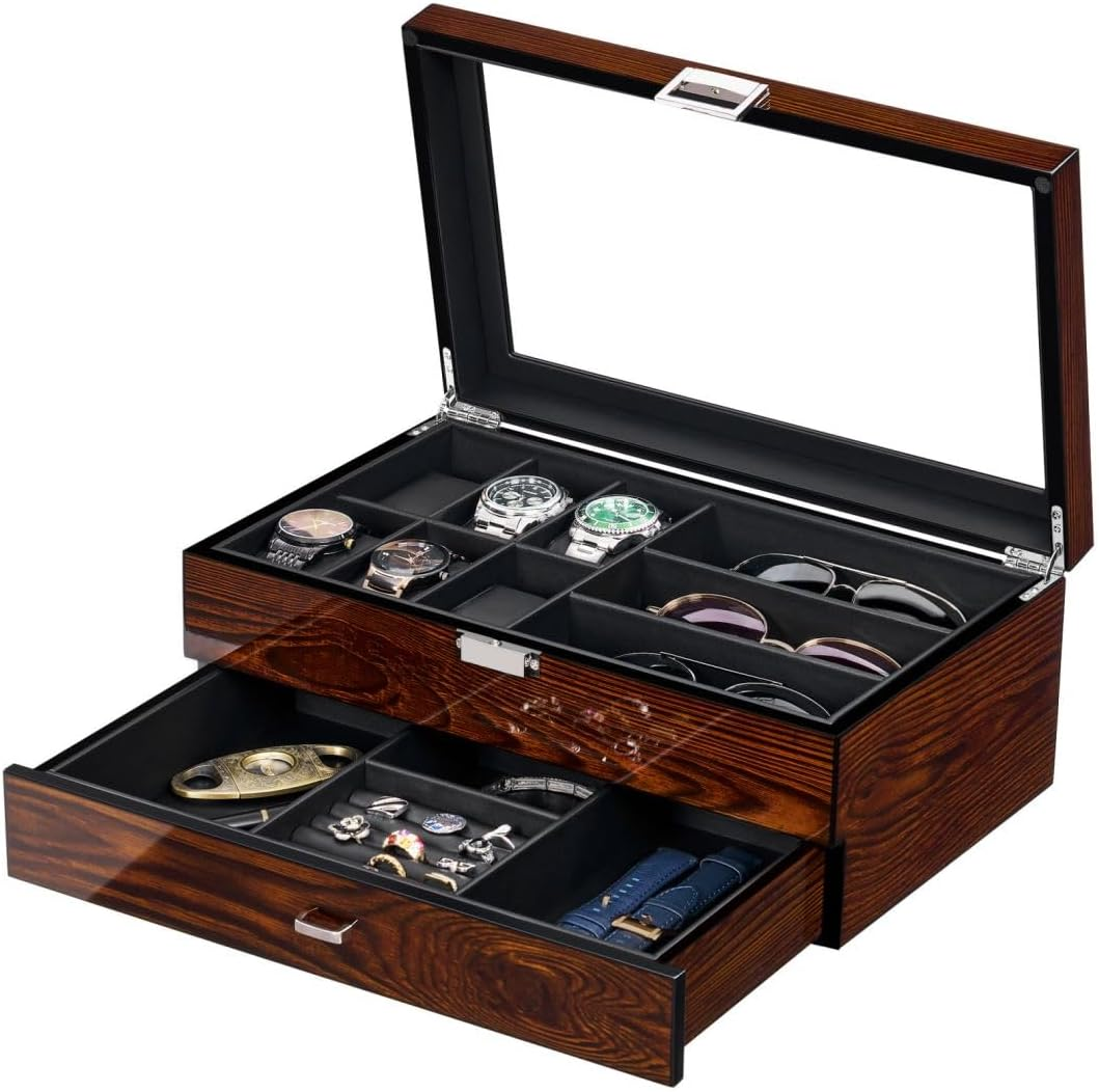 Men's Wooden Watch Box with Valet Drawer & Organizer