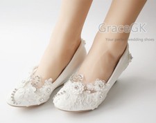Lace white ivory crystal Wedding shoes Bridal flats low high heel pump size 5-12