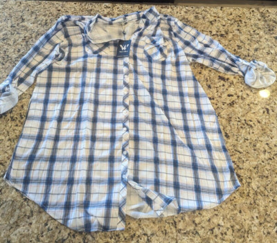 White Mark Women's Plus Piper Stretchy Plaid Tunic Blue White size 3XL