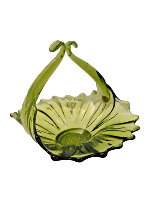 Vintage Green Glass Basket Bowl Flower Design Made in Italy 6'' Studio