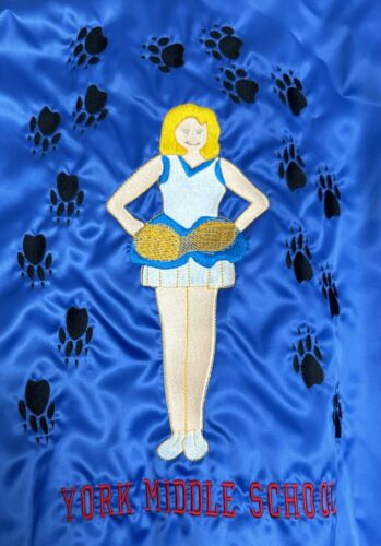 Vintage Cheerleader Blue Satin Jacket Embroidered… - image 1