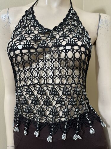 Women’s Black Rayon Casual Open Tied Network Beads Silver Fringe One Size Blouse