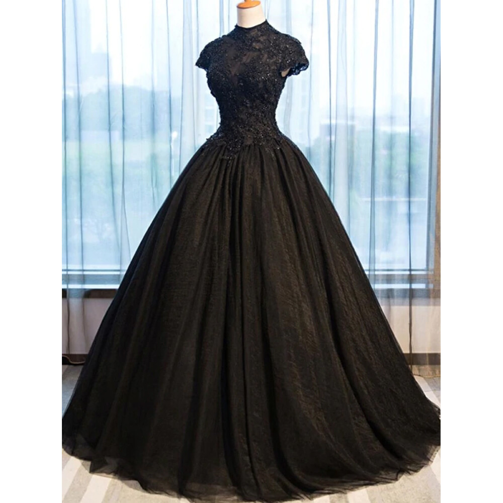 Gothic Princess Wedding Dress Short Sleeve High Neck Beading A-Line Bridal  Gowns | eBay