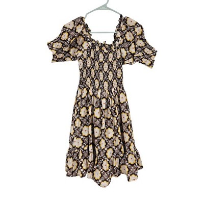 Mille Dress Black Multicolor Floral Smocked Puff Sleeve Fit & Flare Mini Size S