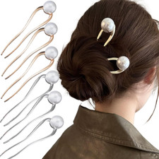 6 Pcs U-Shape French Hair Pin Pearl Metal Hairpins Decorative Hair Sticks