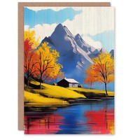 Lakehouse Cottage Mountain Lake Autumn Landscape Birthday Greeting Card