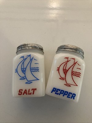 Vintage Milk Glass Sailboat Salt & Pepper Shakers Nautical Set Hazel Atlas