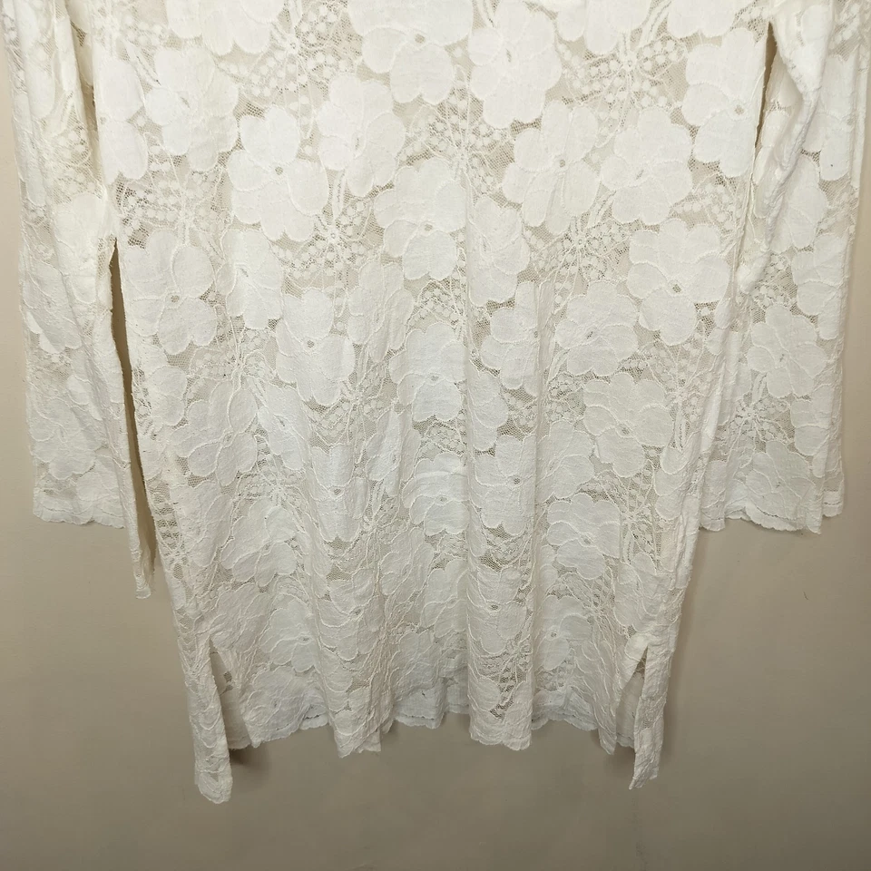 J Valdi 白色蕾丝海滩遮瑕礼服束腰外衣中号女式长袖 V 领 — 第 3/4 张图片