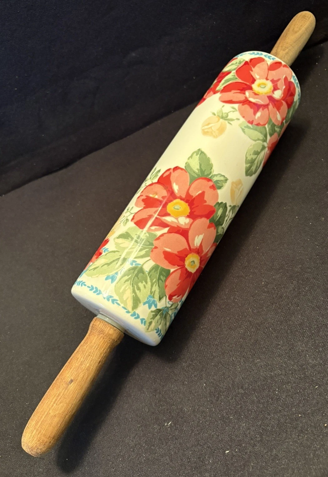The Pioneer Woman Rolling Pin Fiona Floral Retired Ceramic Wood Handles 18”