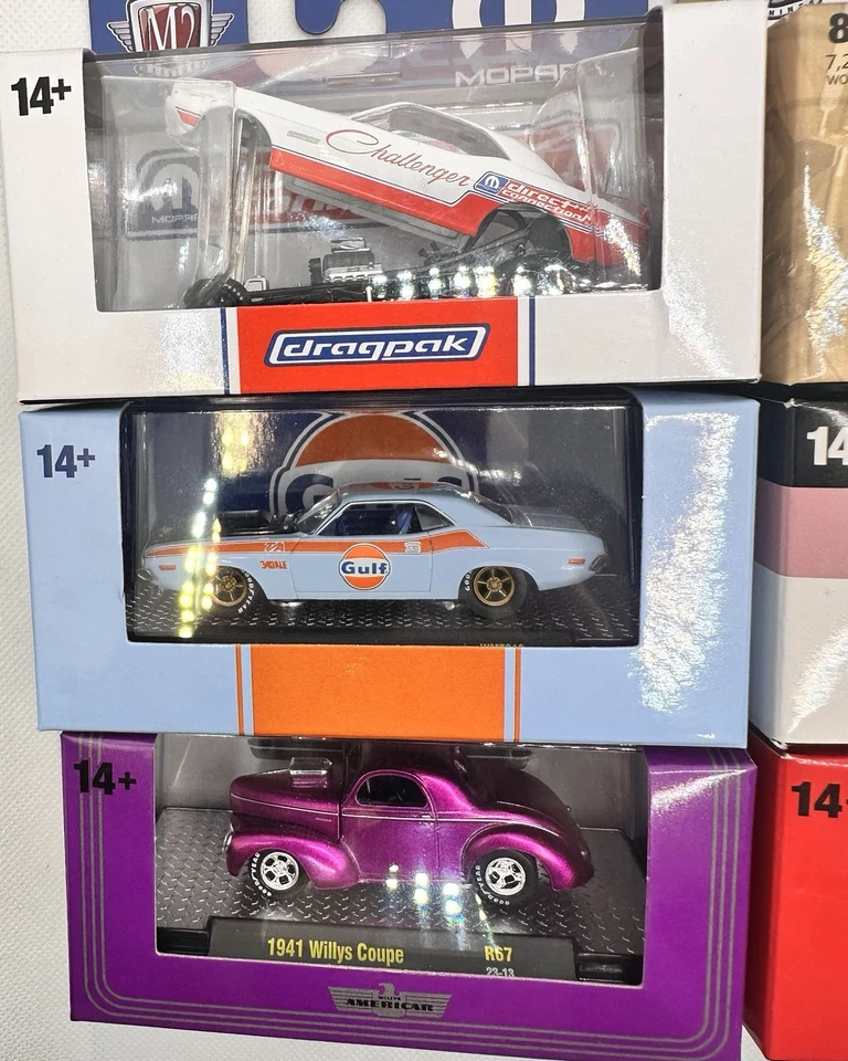 M2 Machines Set Lot Of 6 Willys Gasser Challenger Cuda Gulf New Mini Cube - Image 3 of 3