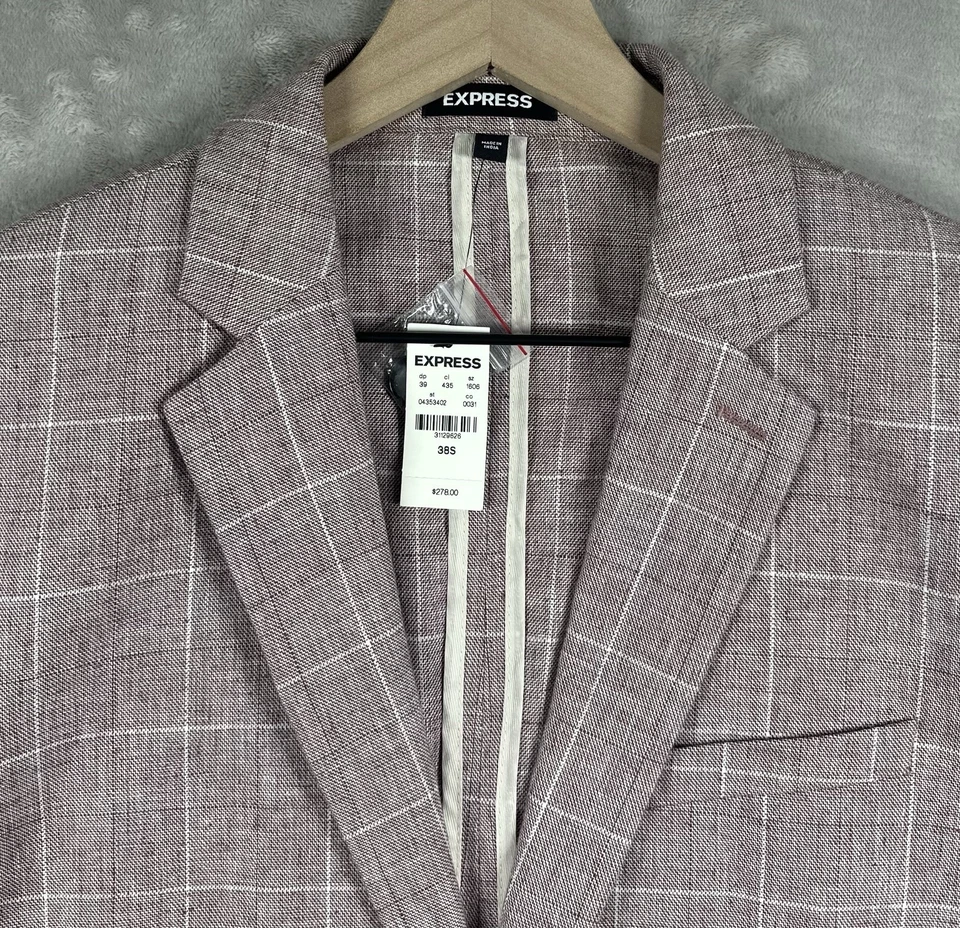 Express Linen Blend Sportcoat Blazer 2-Button Men’s 38S Extra Slim Plaid New - Image 3 of 4