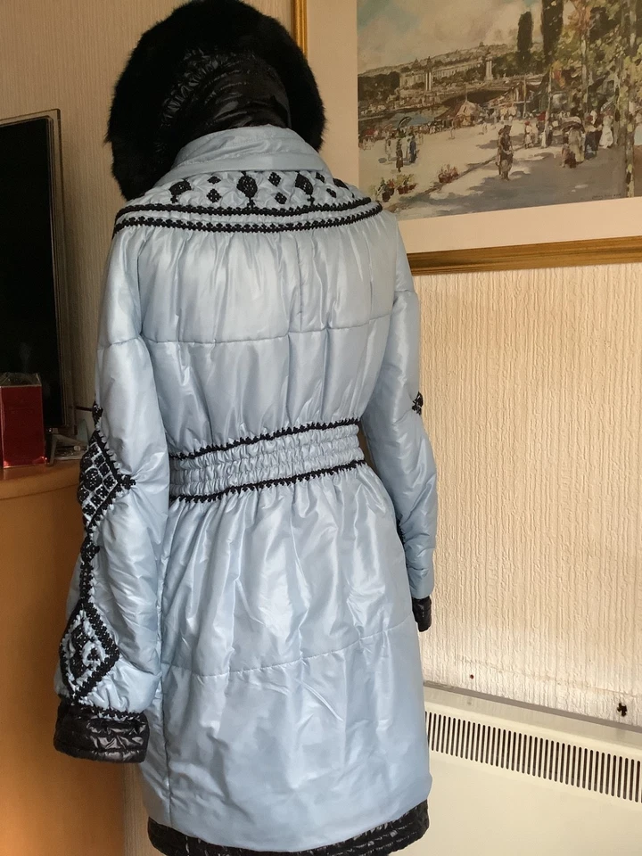 ERMANNO SCERVINO BLUE EMBROIDERED PARKA REAL FOX COLLAR UK SIZE 10 VGC - Image 2 of 4