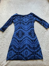 Express Women Tie-Dye 3/4 Sleeve Boat Neck Short Shift Dress Blue Black Size XS