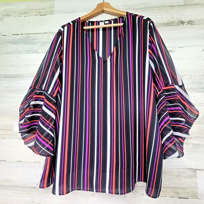 Est. 1946 Plus Size 22/24W Black Striped Sheer Bell Sleeve V Neck Blouse Relaxed