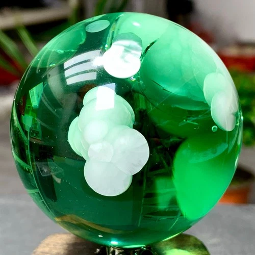 368G Natural Crystal Transparent green crystal ball with feather sphere