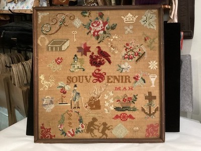 RARE FRAMED ANTIQUE HAND STITCHED NEEDLE WORK DATED 1876 AMERICAN SAMPLER NR