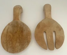 Set of 2 VTG Rustic Large Wooden Paddle Salad Servers Chubby Fork Spoon SALE!