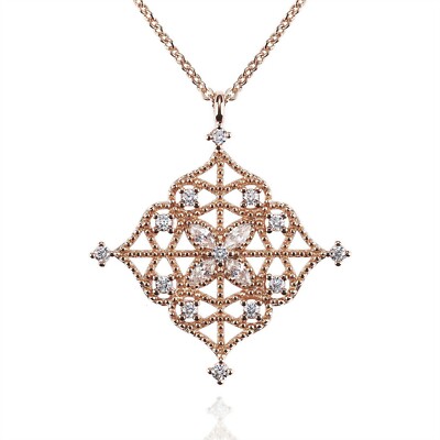 Rose Gold Filigree Arabesque Pendant Necklace for Women with Cubic Zirconia 