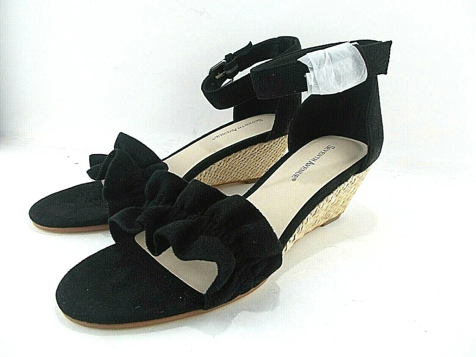 Seventh Avenue Mujer Volantes Puntera 2 Pulgadas Cuña Sandalia Talla 6.5 M Negro NUEVO Foto 2 de 4