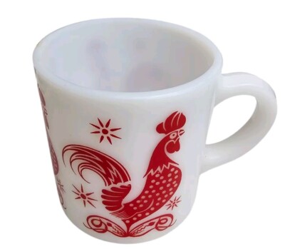 Hazel Atlas Platonite Milk Glass Red Rooster Chicken Coffee Cup / Mug Vintage