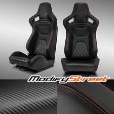 2X Black PVC+Red Stitching & Bottom Carbon Fiber Reclinable Leather Racing Seats