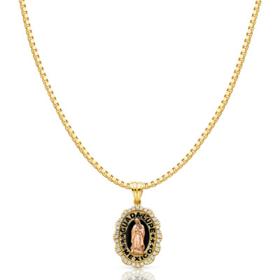 14K Two Tone Gold CZ Religious Guadalupe Charm Pendant &1.2mm Box Chain ...