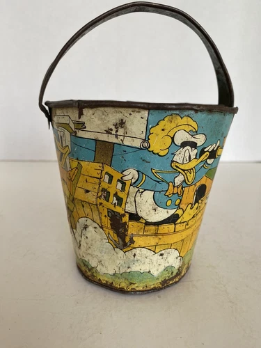 1930's Disney Sir Donald Duck In A Boat & Mickey Mouse Toy Sand Pail By Ohio Art