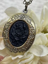 Gothic Bronze gold Locket Black Rose Victorian Necklace Cameo Dainty Birthday Gi