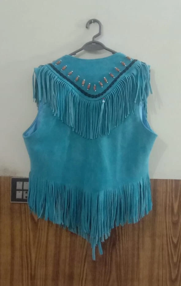 Chaleco Hecho a Mano Turquesa Gamuza Cuero Flecos Chaleco Western Boho Con Cuentas Foto 3 de 4