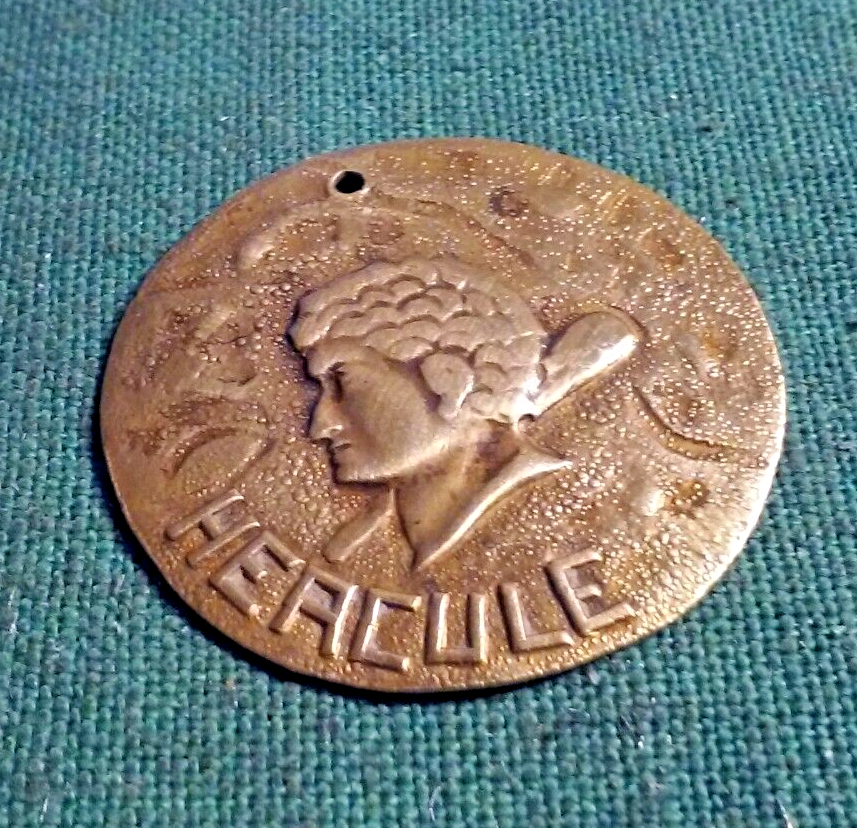Antique Brass HERCULE Hercules Repousse' Coin Token Disc Charm Pendant 1