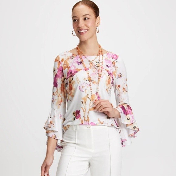 Laura Floral Long Bell Sleeve Top White /m