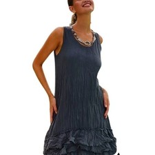 Namastai Australia Caviar Crinkle Cotton Ruffle Tiered Midi Dress Navy Blue M/L